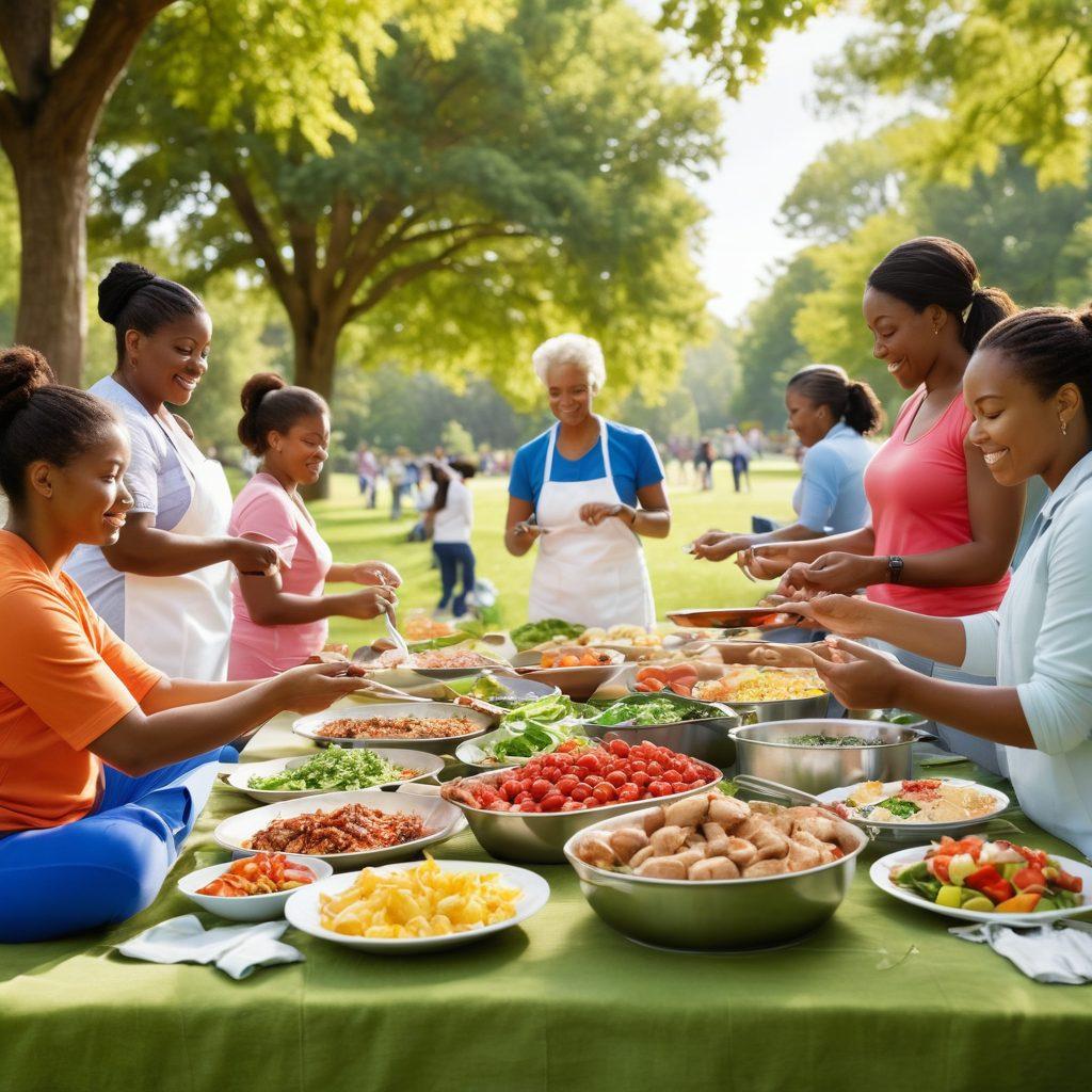 An inspiring and informative scene depicting a diverse group of individuals engaged in various activities for disease prevention, such as cooking healthy meals, exercising in a park, and attending a community health seminar. Include symbols of awareness like ribbons and educational materials scattered throughout. The background should feature a bright, sunny day to evoke positivity and hope. Include elements that represent survivorship, like a butterfly symbolizing transformation. vibrant colors. super-realistic.
