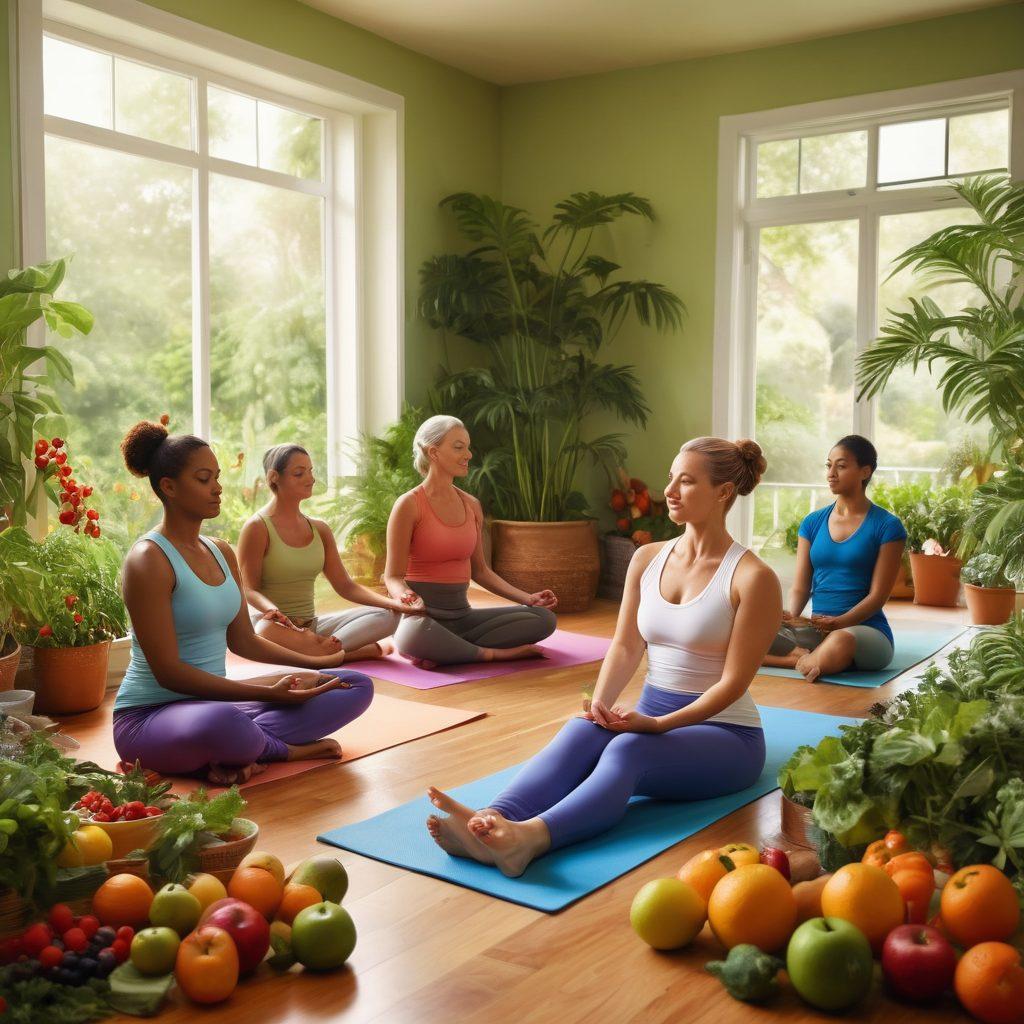 A peaceful and vibrant scene featuring a diverse group of individuals engaging in wellness activities, like yoga and cooking healthy meals, surrounded by lush greenery. Include elements symbolizing health and nutrition, like colorful fruits, vegetables, and herbal teas. The atmosphere is warm and uplifting, conveying hope and empowerment for cancer patients. super-realistic. vibrant colors. soft natural lighting.