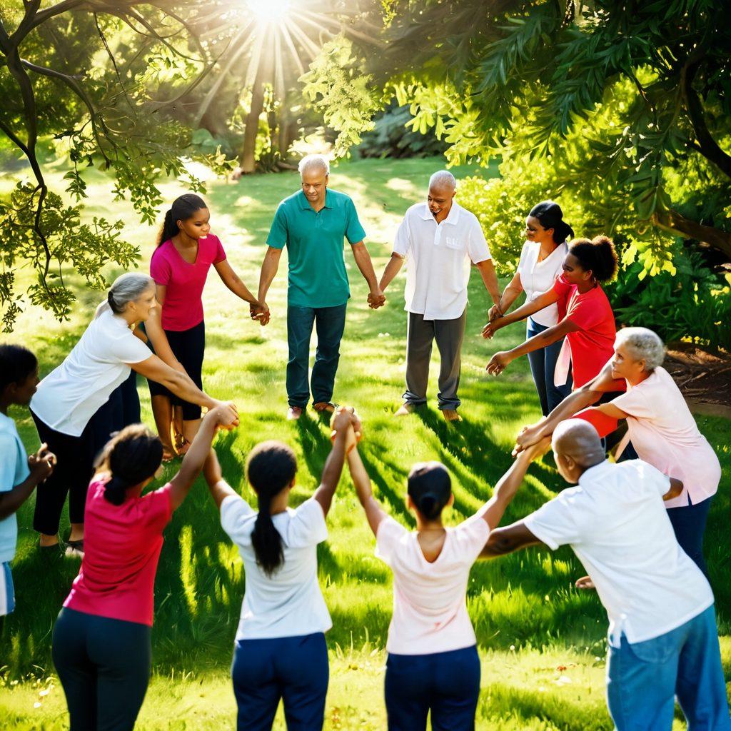 A serene scene of a diverse group of people holding hands in a circle, standing in a lush green park, with soft sunlight filtering through the trees. They embody strength, compassion, and unity, showcasing a mix of ages and ethnicities, some wearing cancer awareness ribbons. In the background, a gentle brook flows, symbolizing healing and wellness. Envelop this image in warm, inviting colors. super-realistic. vibrant colors. nature background.